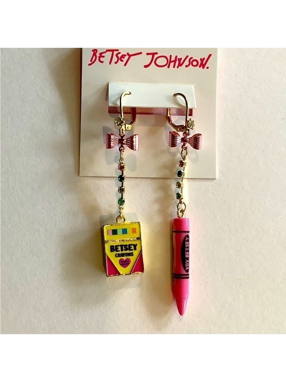 Betsey Johnson Back To School Crayon Box Pink Bow Mismatch Earrings New